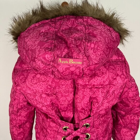 Vintage APPLE BOTTOMS pink gold fur lined hooded jacket XL tie back grommets - Picture 1 of 10